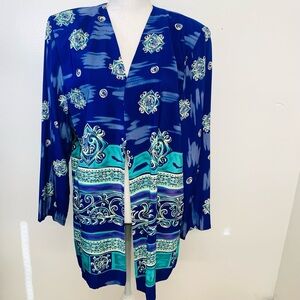 Vintage 90s Blazer Jacket Woman Size 16 Blue Geometric Long Line Open Belt Retro